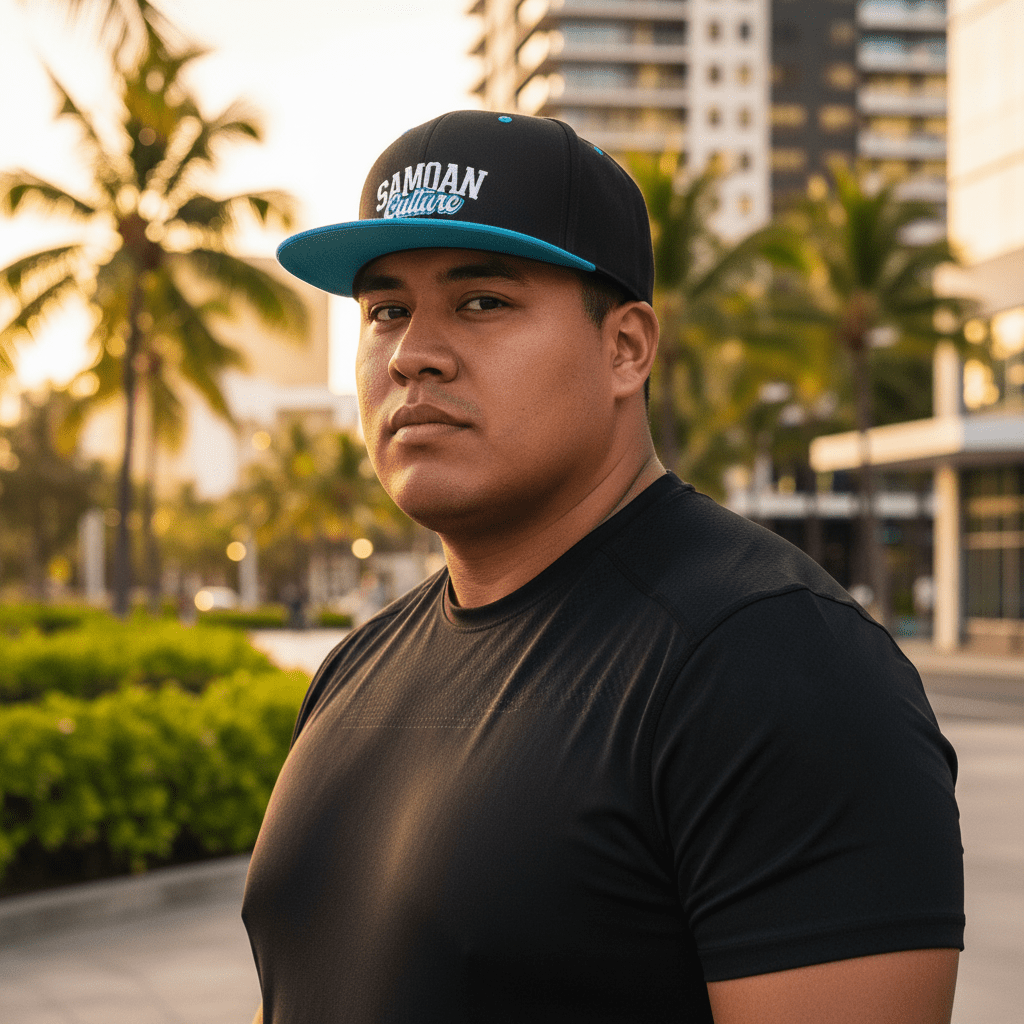 Flat Bill Snapback Hat - Samoan Culture - Blue White Embroidery - AU/NZ/USA - The Koko Samoa