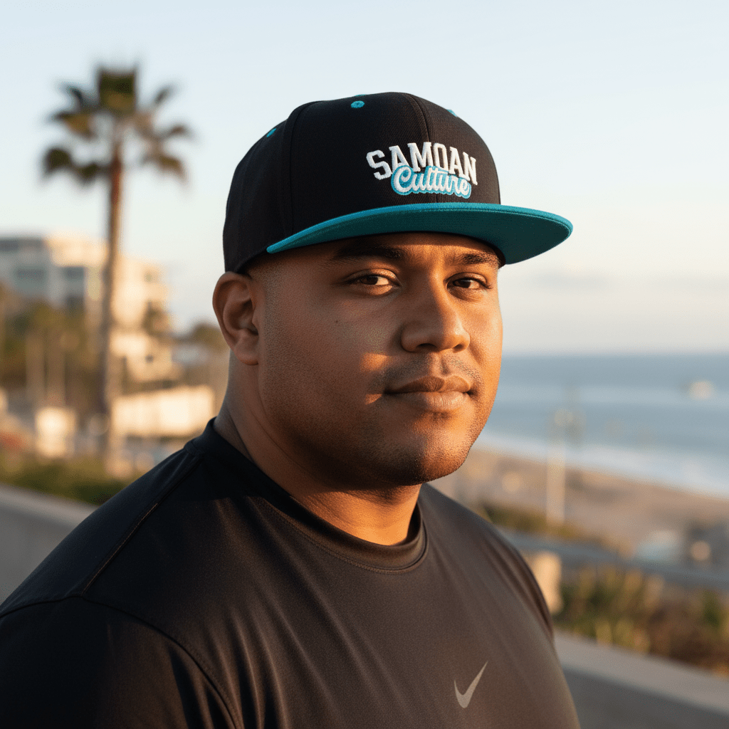 Flat Bill Snapback Hat - Samoan Culture - Blue White Embroidery - AU/NZ/USA - The Koko Samoa