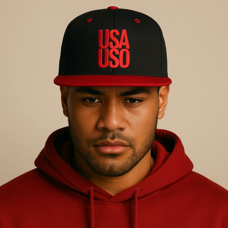 Flat Bill Snapback Hat — USA USO - Red Embroidery - AU/NZ/USA - The Koko Samoa