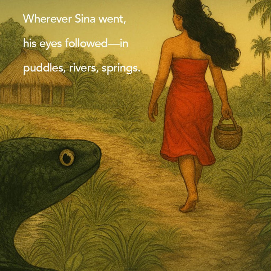 E-Book titled "Sina and The Eel" by The Koko Samoa, featuring colorful cover art with illustrations of Sina and an eel.