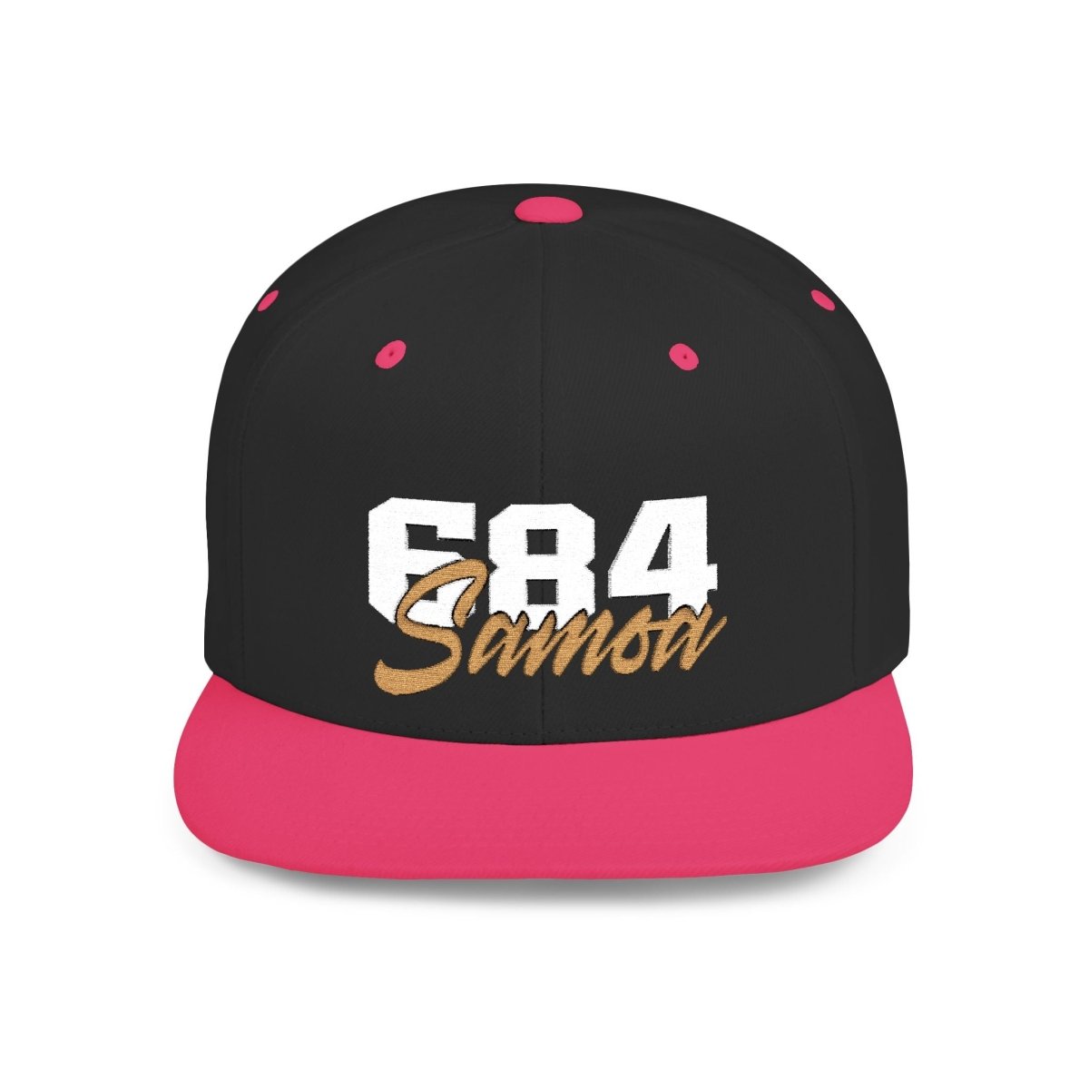 Fulfill Engine flat bill snapback hat in black with white and gold Samoa embroidery, one size fits all, USA/AU/NZ style.