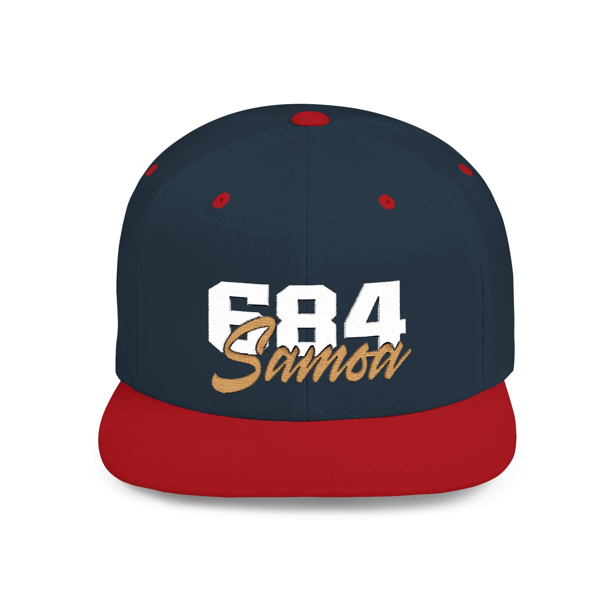 Fulfill Engine flat bill snapback hat in black with white and gold Samoa embroidery, one size, adjustable cap for AU, NZ, and US.