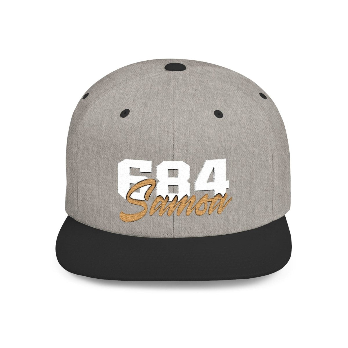 Fulfill Engine flat bill snapback hat in black with white and gold Samoa embroidery, one size fits most, stylish men's accessory.
