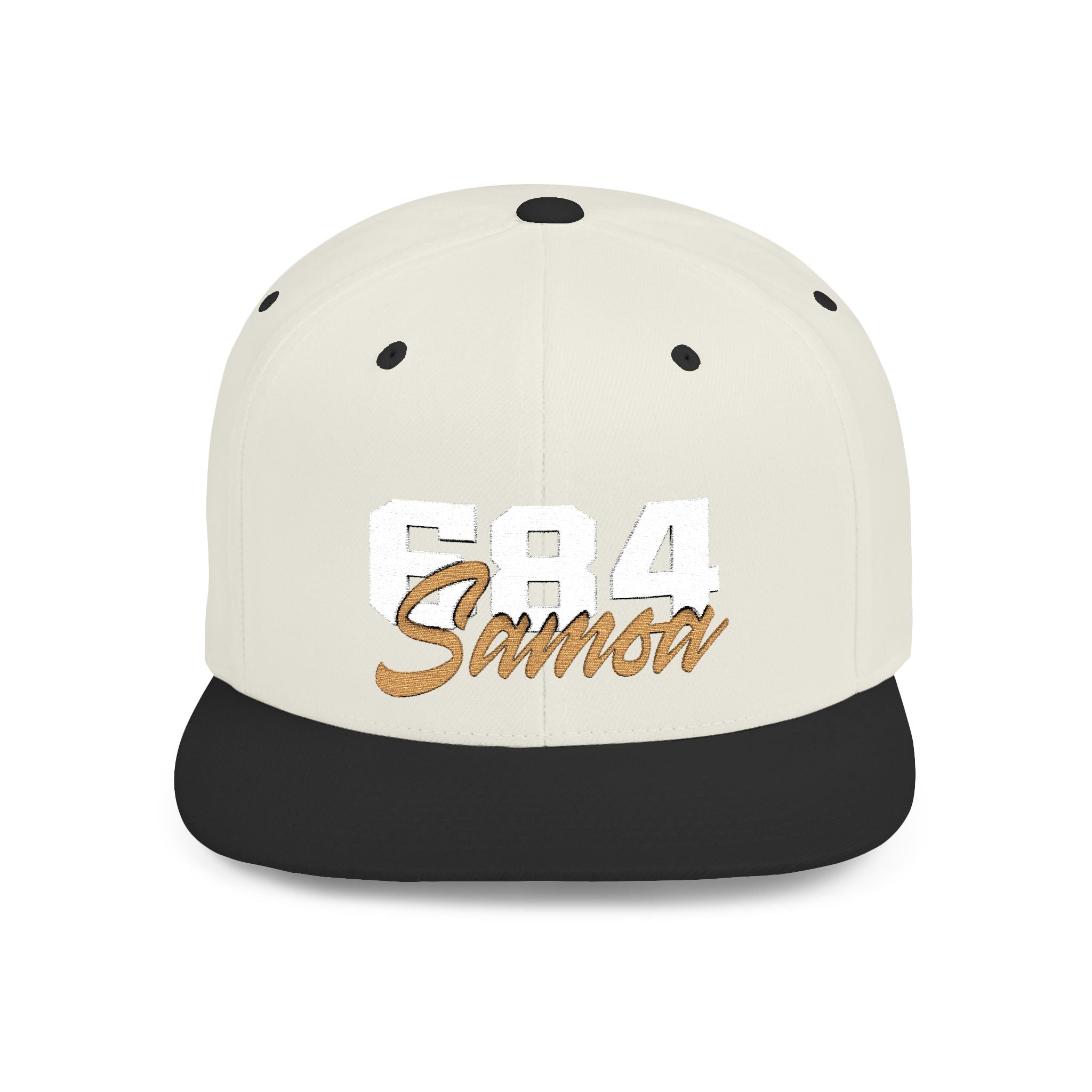 Fulfill Engine flat bill snapback hat in black with white and gold Samoa embroidery, one size, AU/NZ/USA style.