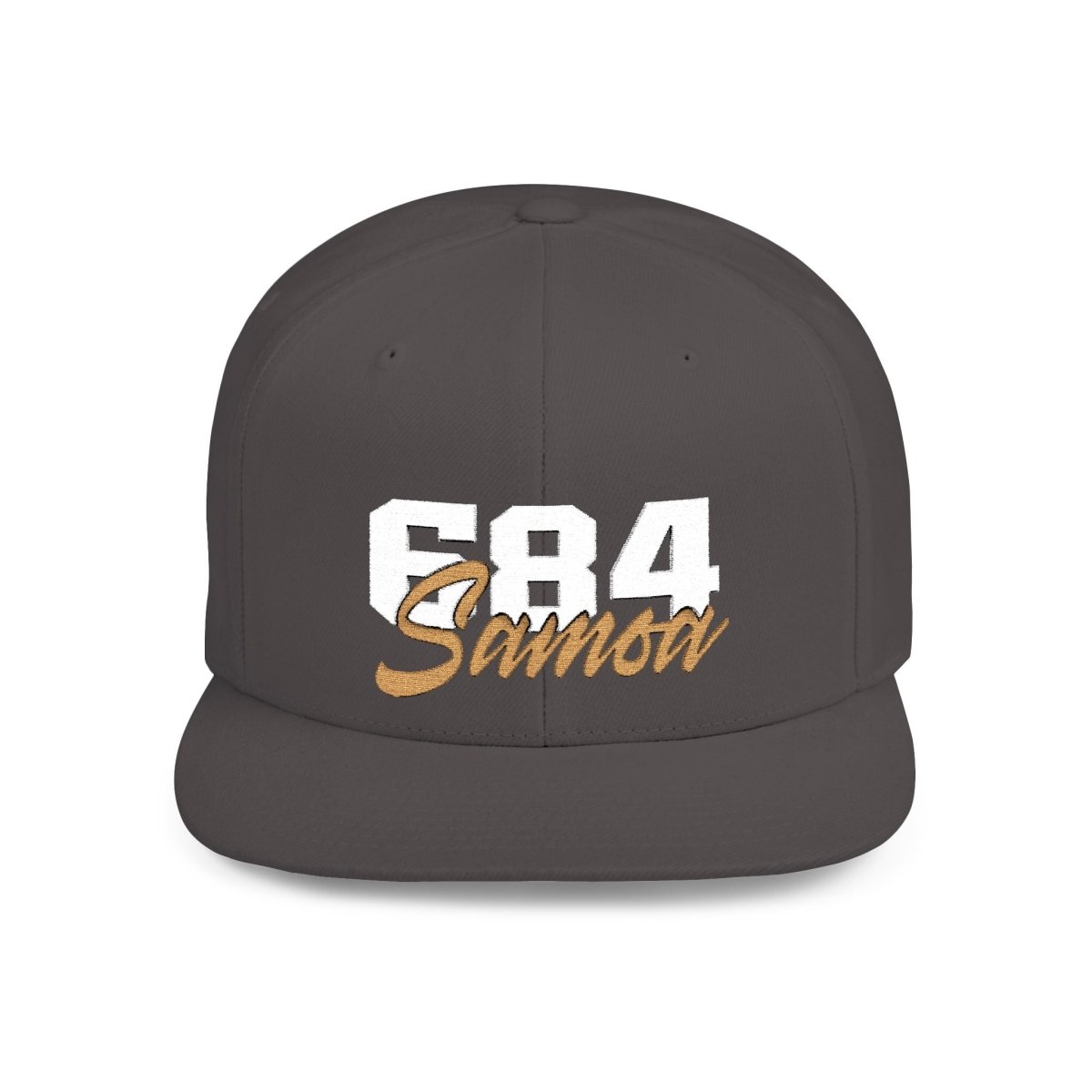Fulfill Engine flat bill snapback hat with white and gold Samoa embroidery, one size fits most, black adjustable cap.