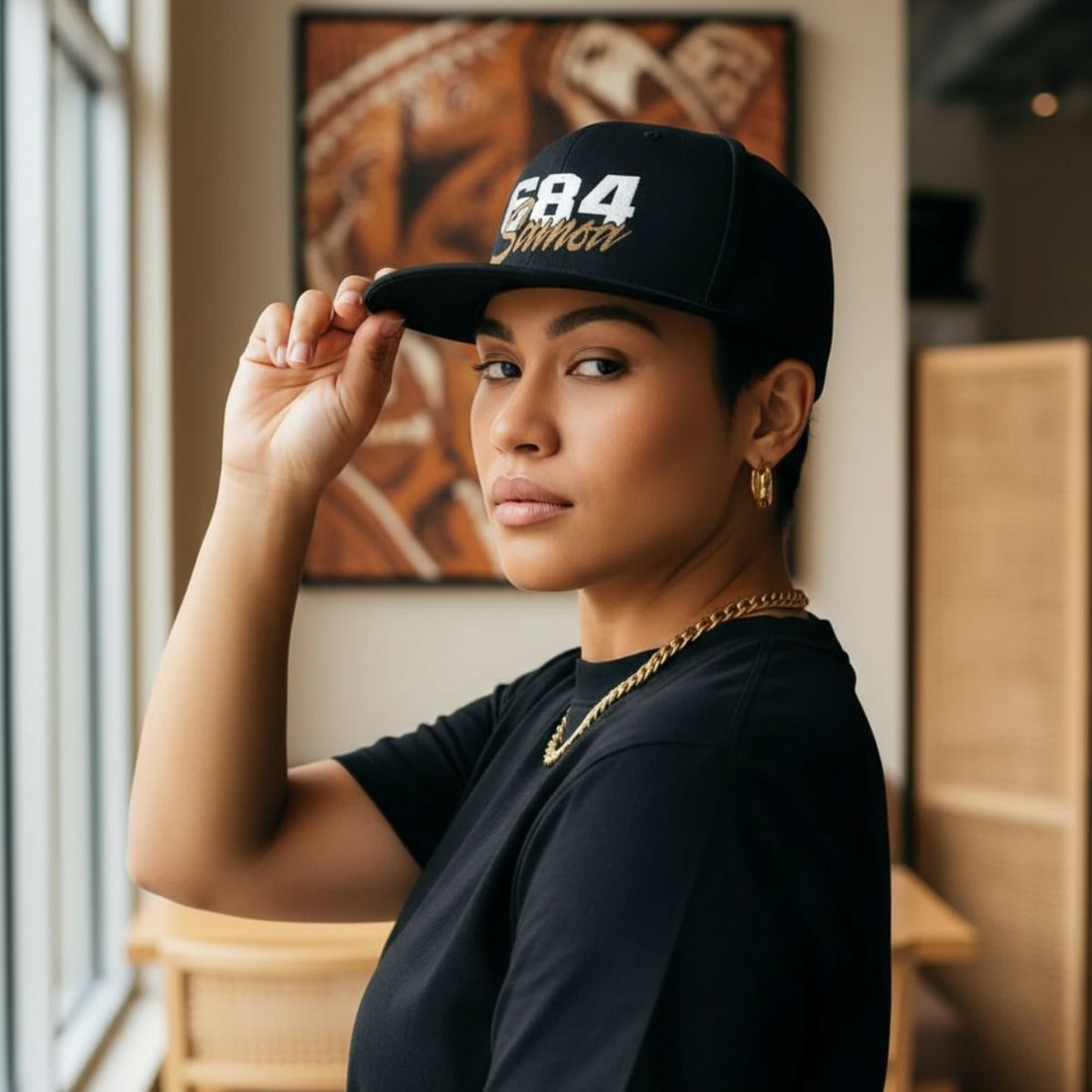 Fulfill Engine flat bill snapback hat with white and gold embroidery, black color, one size, featuring Samoa design.