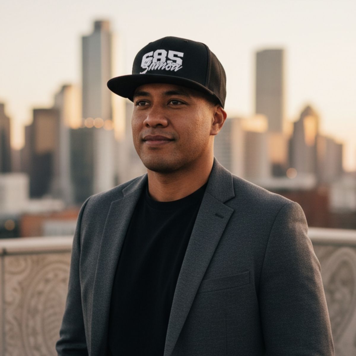 Fulfill Engine Samoa Flat Bill Snapback Hat in white embroidery, black hat with adjustable snapback, AU/NZ/USA size.