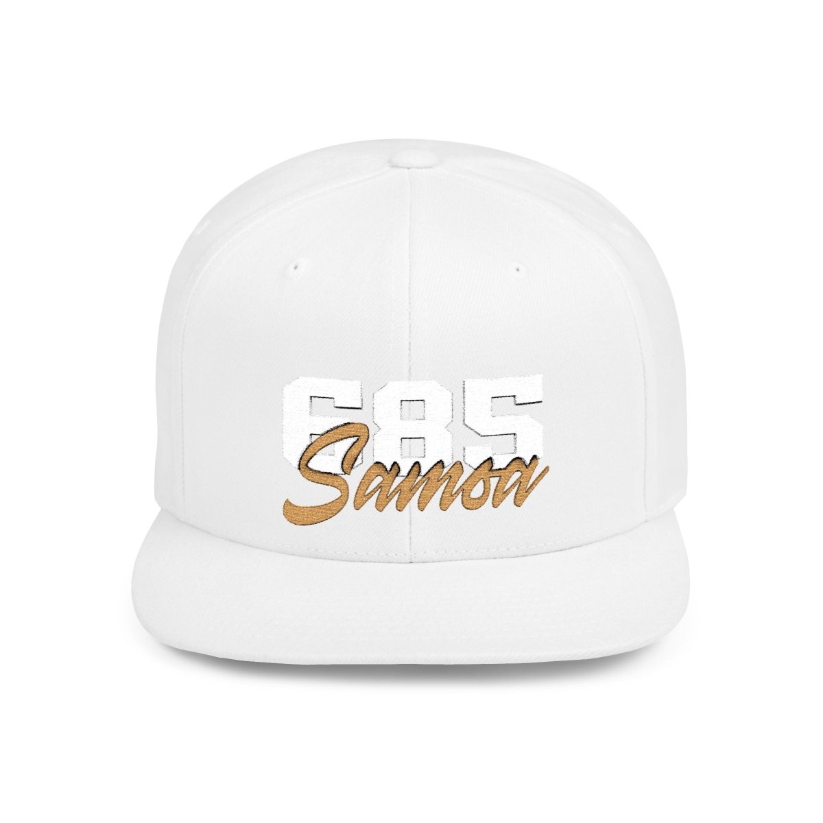 Fulfill Engine flat bill snapback hat in black with white and gold Samoa embroidery, one size, AU/NZ/USA style.