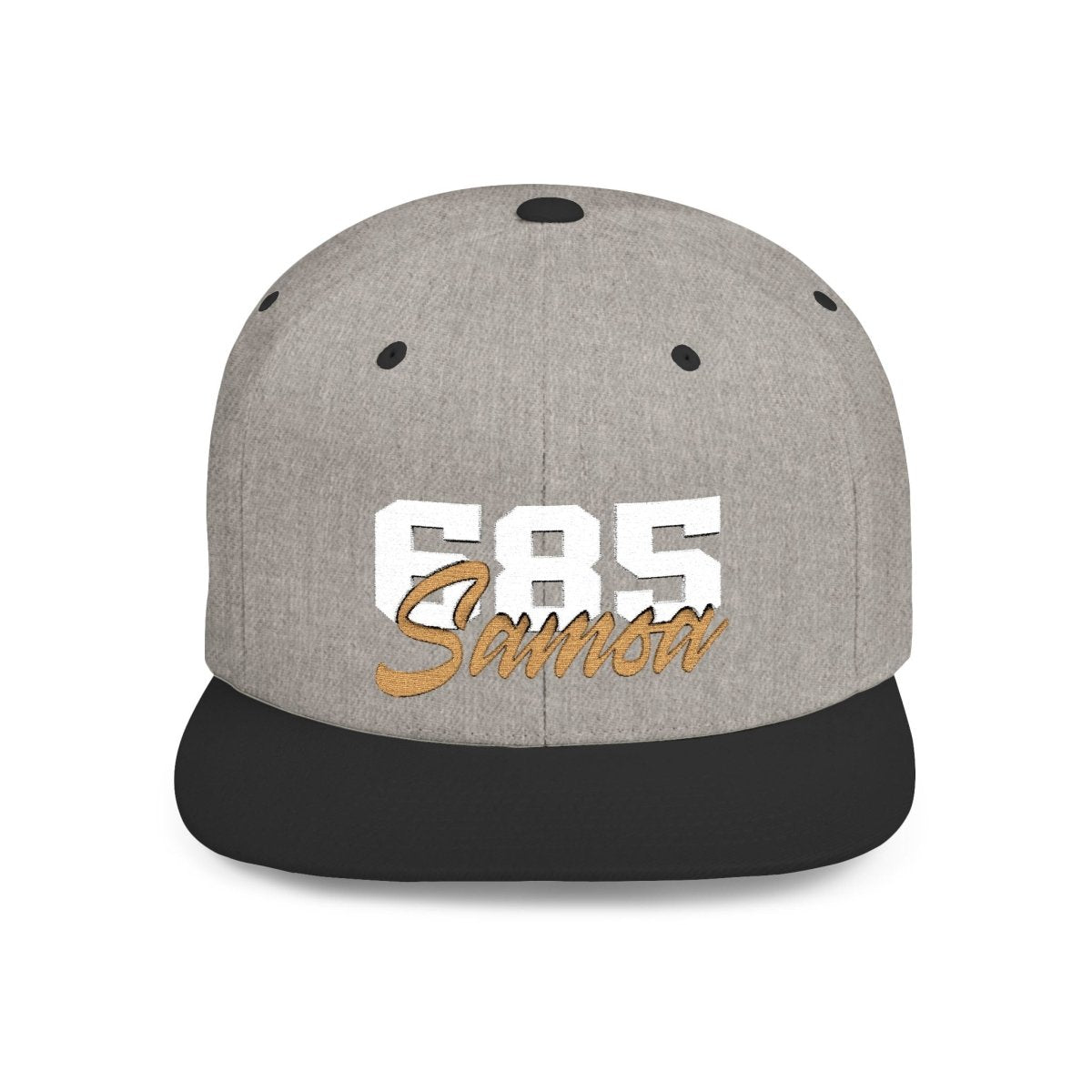 Fulfill Engine Flat Bill Snapback Hat in black with white and gold Samoa embroidery, one size, stylish men's hat for AU, NZ, and USA.
