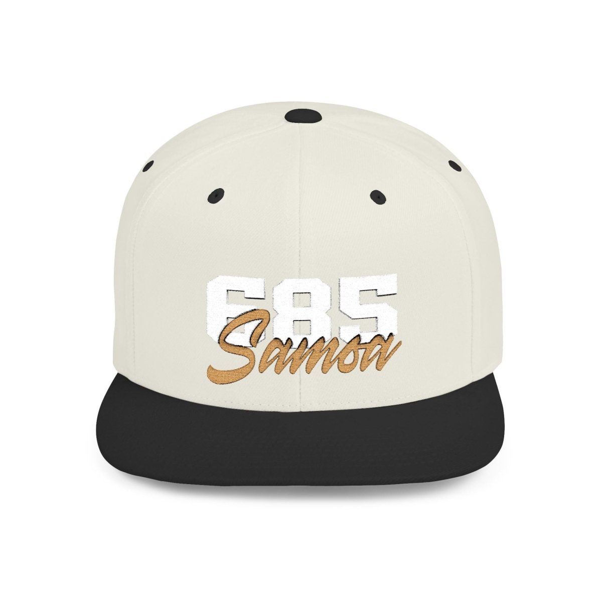 Fulfill Engine flat bill snapback hat with white and gold Samoa embroidery, one size, black cap, stylish and adjustable.
