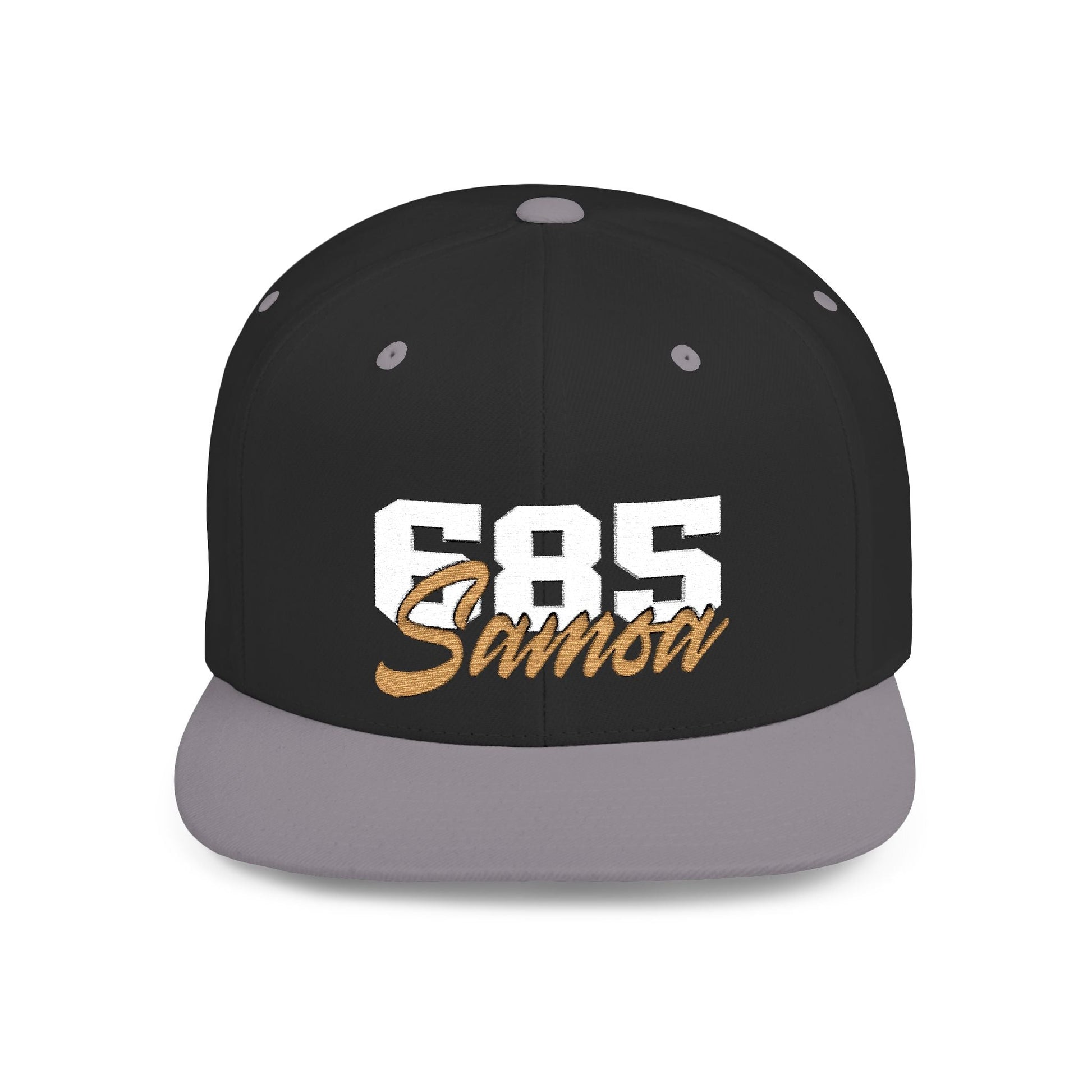 Fulfill Engine Flat Bill Snapback Hat in black with white and gold Samoa embroidery, showcasing a stylish adjustable hat design.