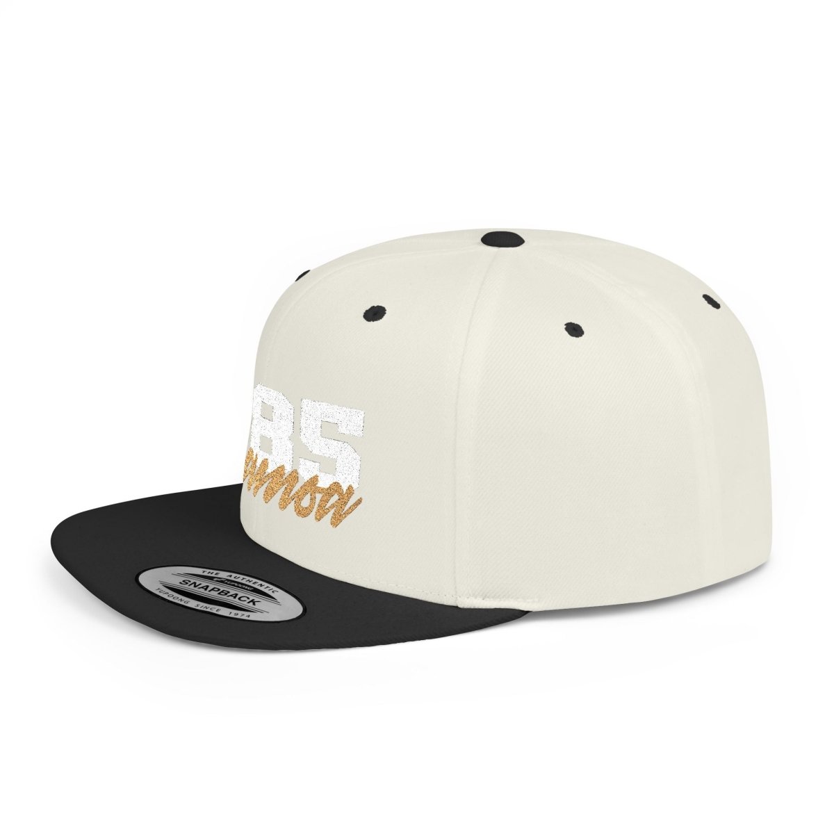 Fulfill Engine flat bill snapback hat in black with white and gold Samoa embroidery, adjustable one size for AU, NZ, and USA.