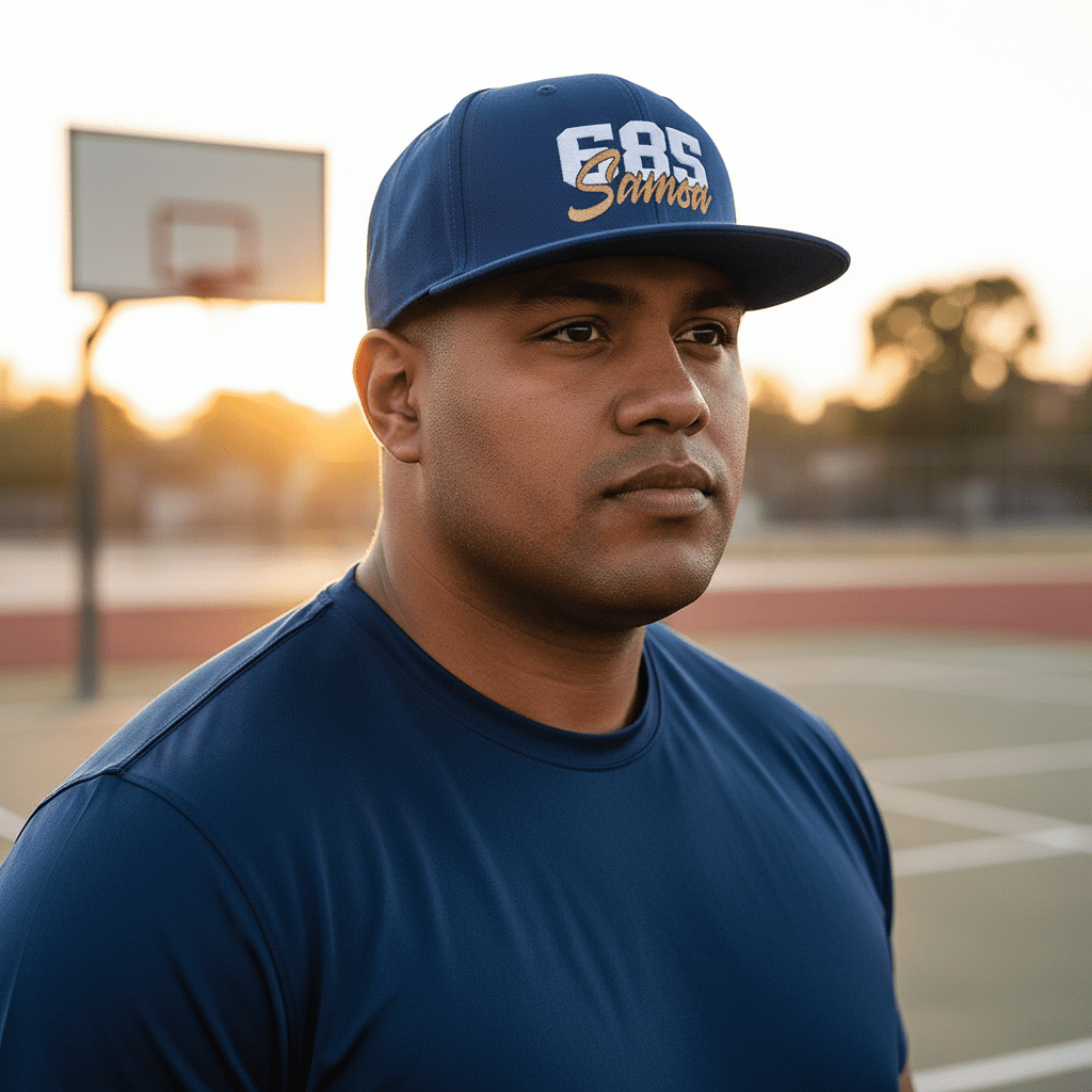 Fulfill Engine flat bill snapback hat in black with white and gold Samoa embroidery, one size fits most, AU/NZ/USA style.