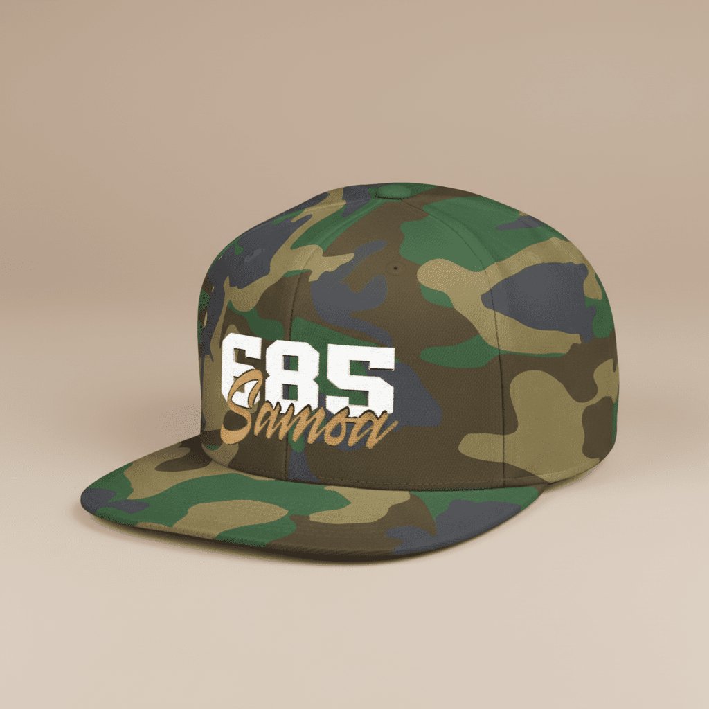 Fulfill Engine Samoa flat bill snapback hat in black with white and gold embroidery, adjustable brim, and branded details.