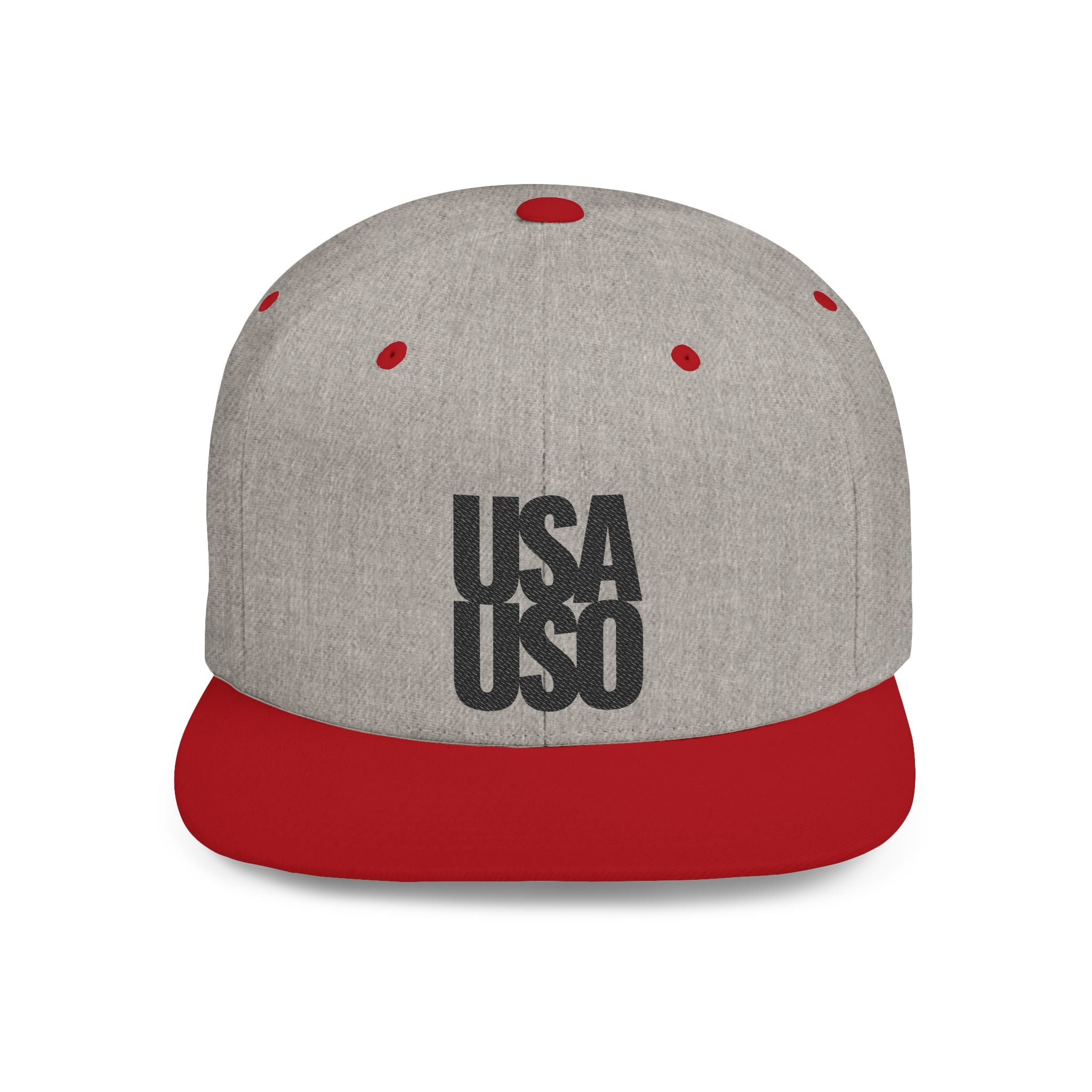 Black flat bill snapback hat by Fulfill Engine with USA USO embroidery, featuring a stylish design and adjustable fit.
