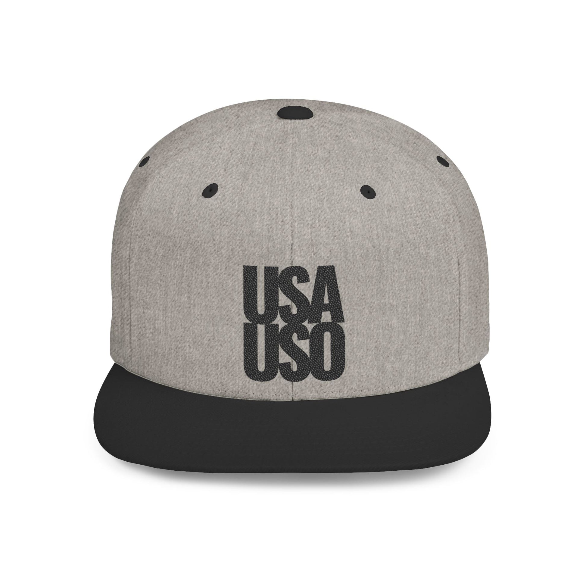 Black flat bill snapback hat by Fulfill Engine with USA USO embroidery, one size fits most, stylish and casual headwear.