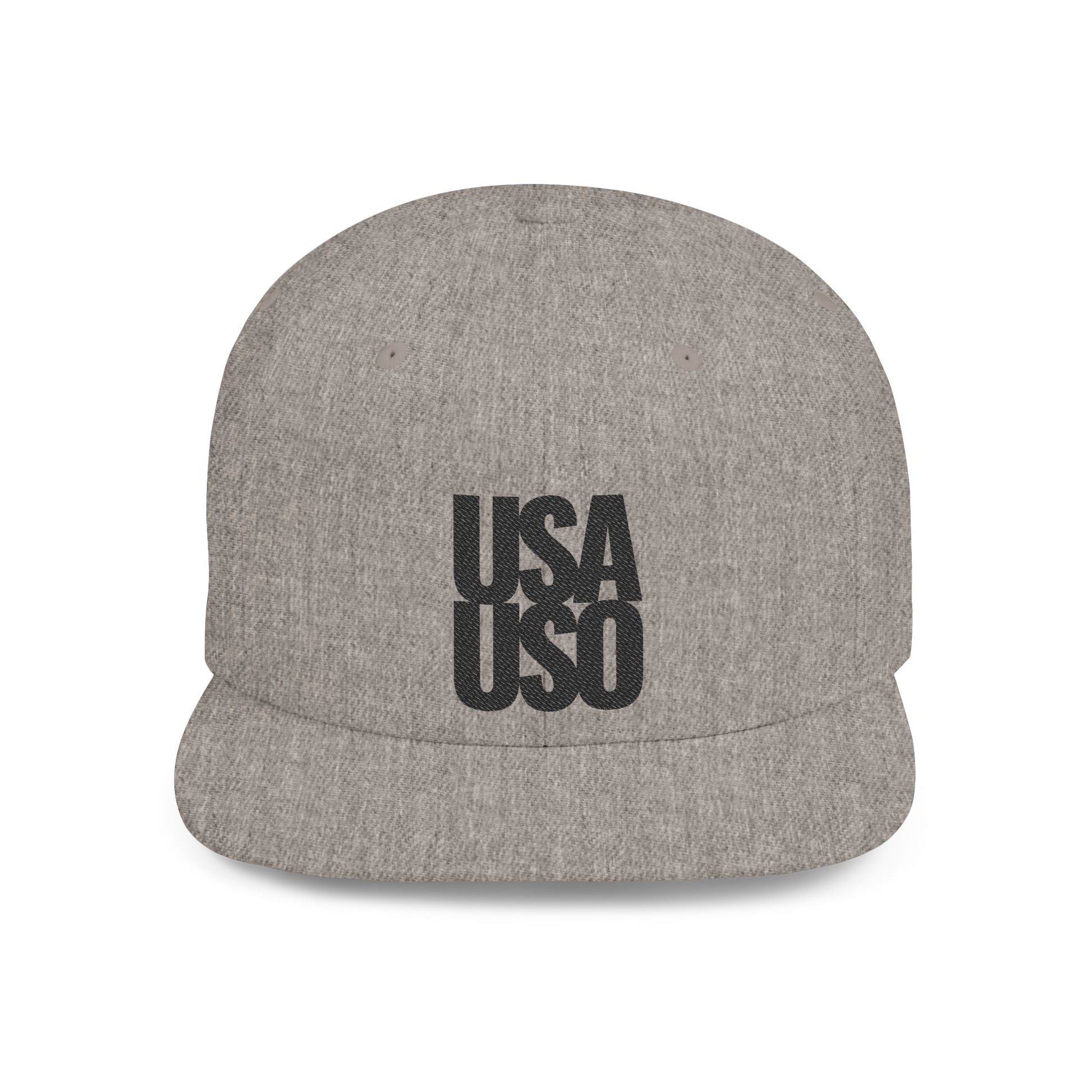 Black flat bill snapback hat by Fulfill Engine with USA USO and black embroidery, one size fits most, stylish and casual.