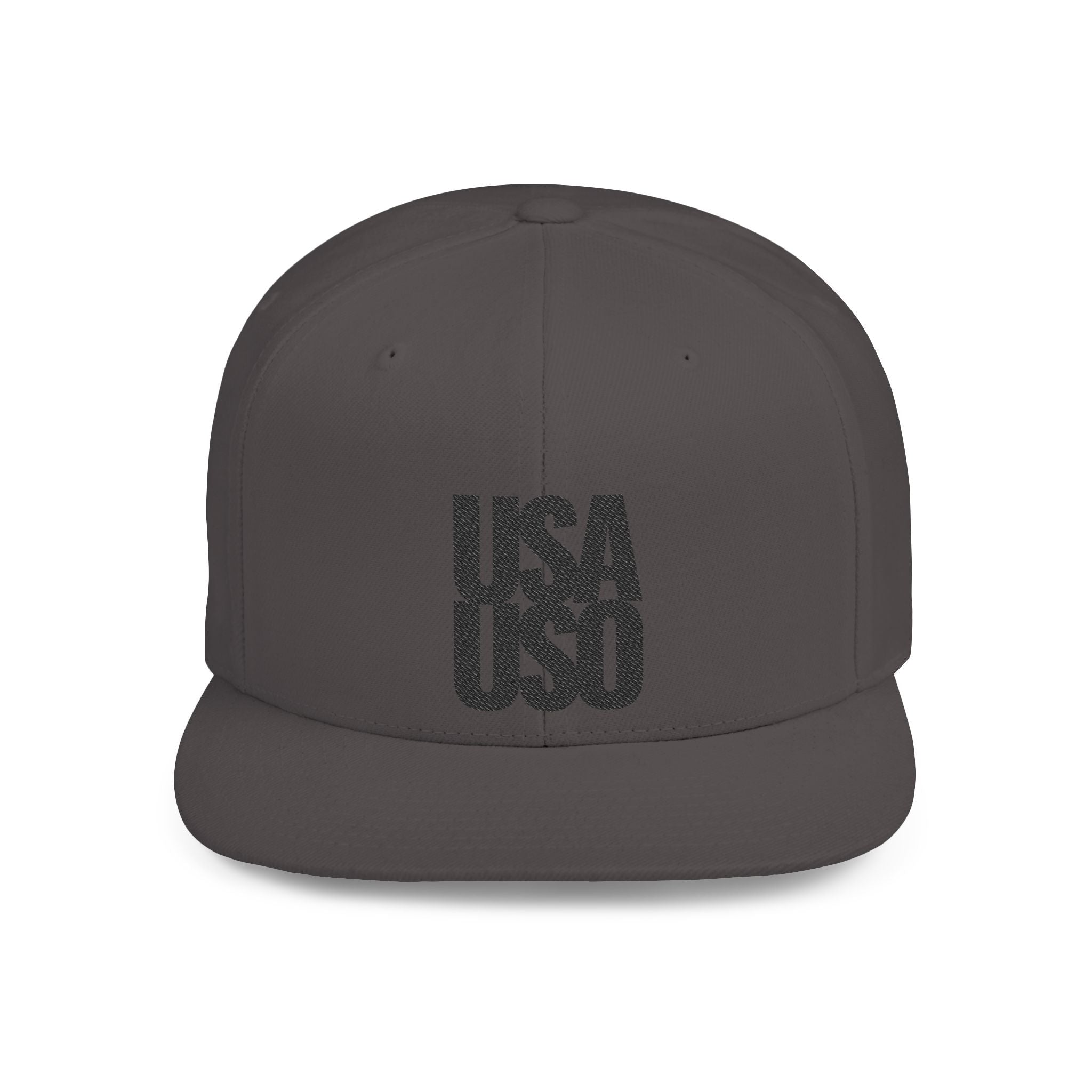 Black flat bill snapback hat by Fulfill Engine with USA USO embroidery, featuring a classic design and adjustable fit.