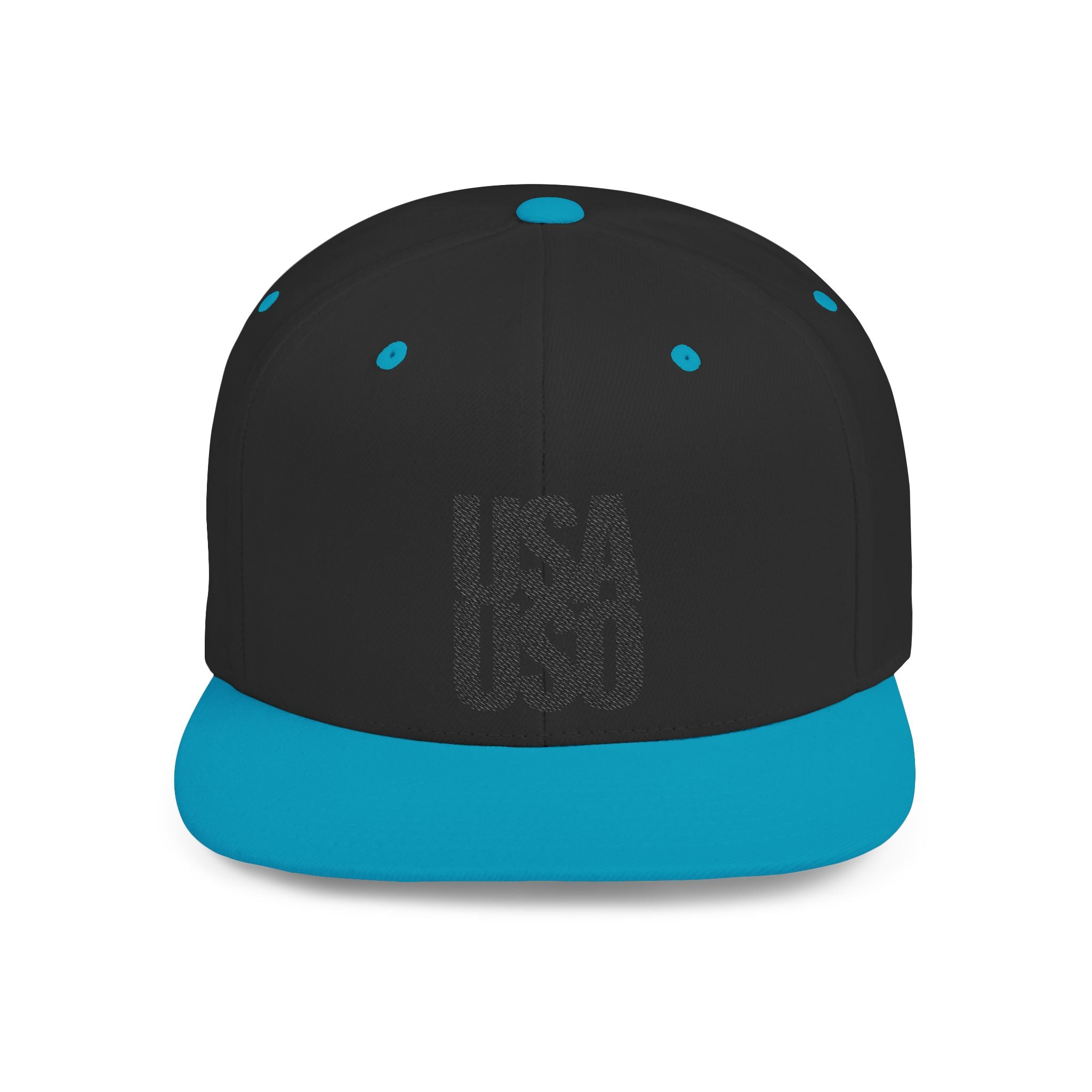 Black Fulfill Engine flat bill snapback hat with USA USO embroidery, one size fits all, featuring black embroidered details.