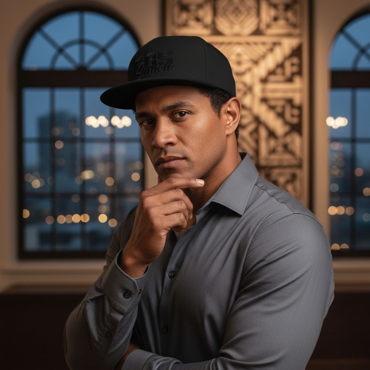 Black flat bill snapback hat by Fulfill Engine with USA USO embroidery, featuring a classic design and adjustable fit.