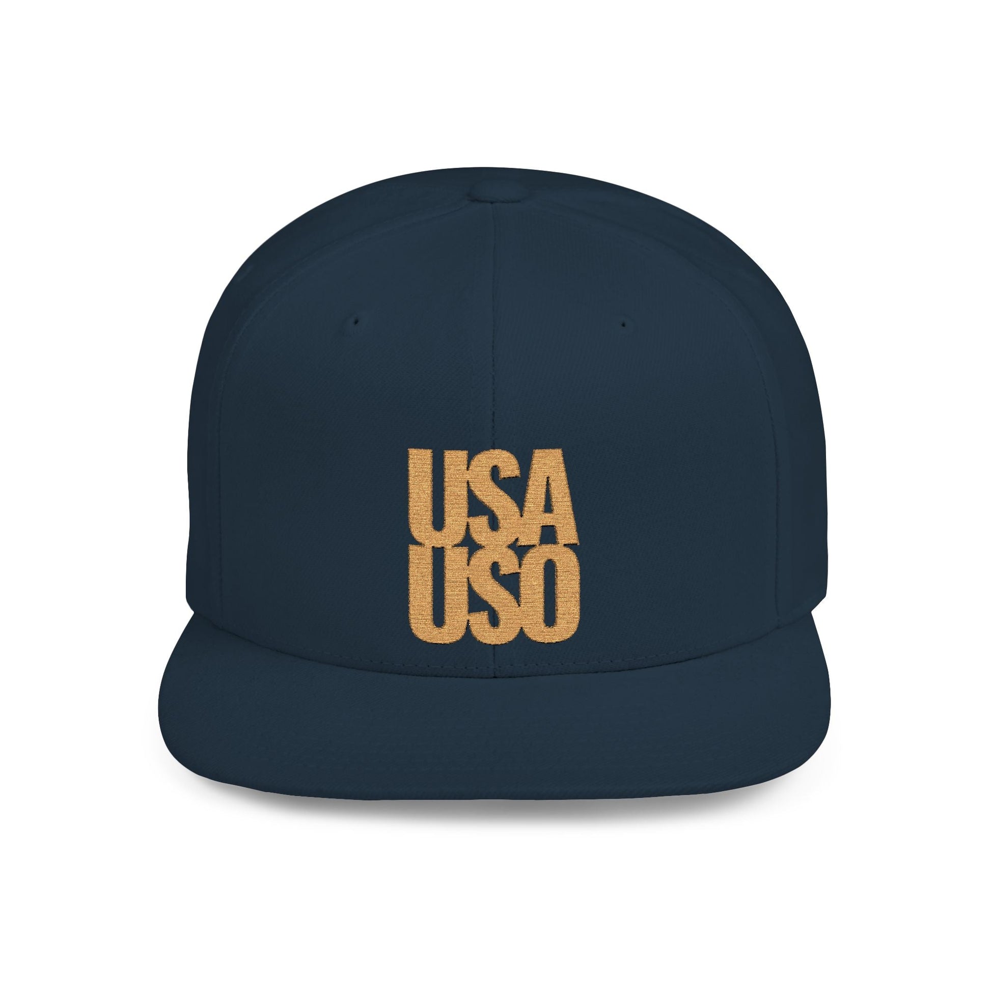 Black flat bill snapback hat with gold embroidery featuring USA USO design, branded by Fulfill Engine, adjustable one size