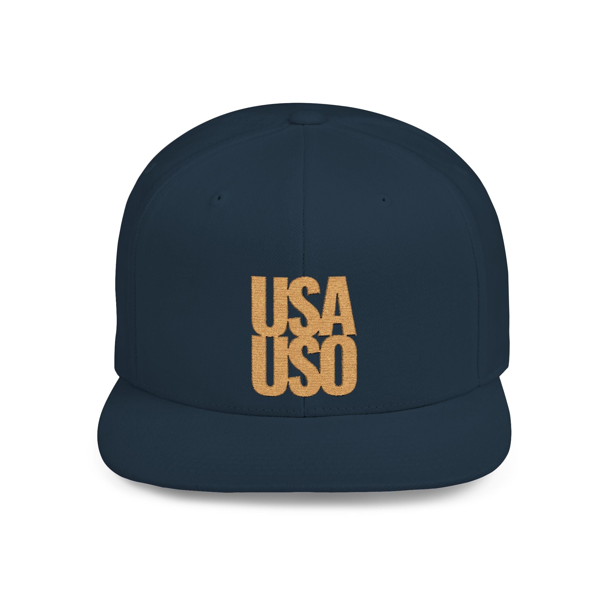 Black flat bill snapback hat with gold embroidery featuring USA USO design, branded by Fulfill Engine, adjustable one size