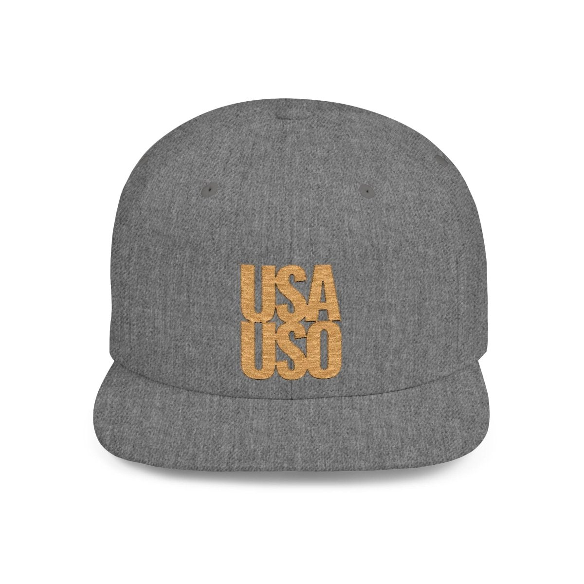 Black flat bill snapback hat by Fulfill Engine with gold USA USO embroidery, featuring a classic design and adjustable fit.