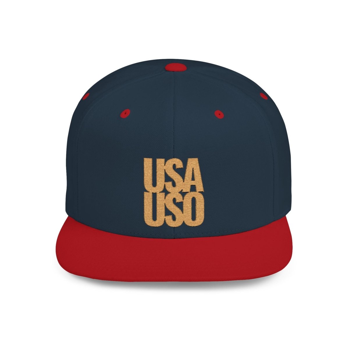 Black flat bill snapback hat by Fulfill Engine with gold embroidery and USA USO design, one size fits most.