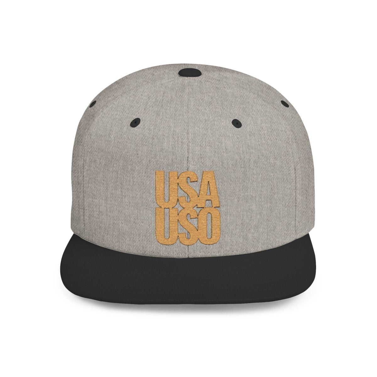 Black flat bill snapback hat by Fulfill Engine with gold USA USO embroidery, one size fits most, stylish and casual headwear.