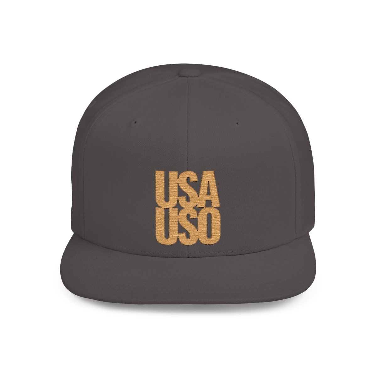 Black flat bill snapback hat by Fulfill Engine with gold USA USO embroidery, one size fits all, stylish and casual headwear.