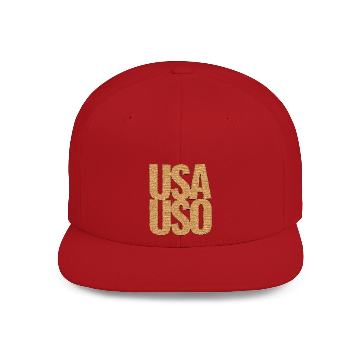 Black flat bill snapback hat by Fulfill Engine with gold USA USO embroidery, featuring a one-size fit and adjustable strap.
