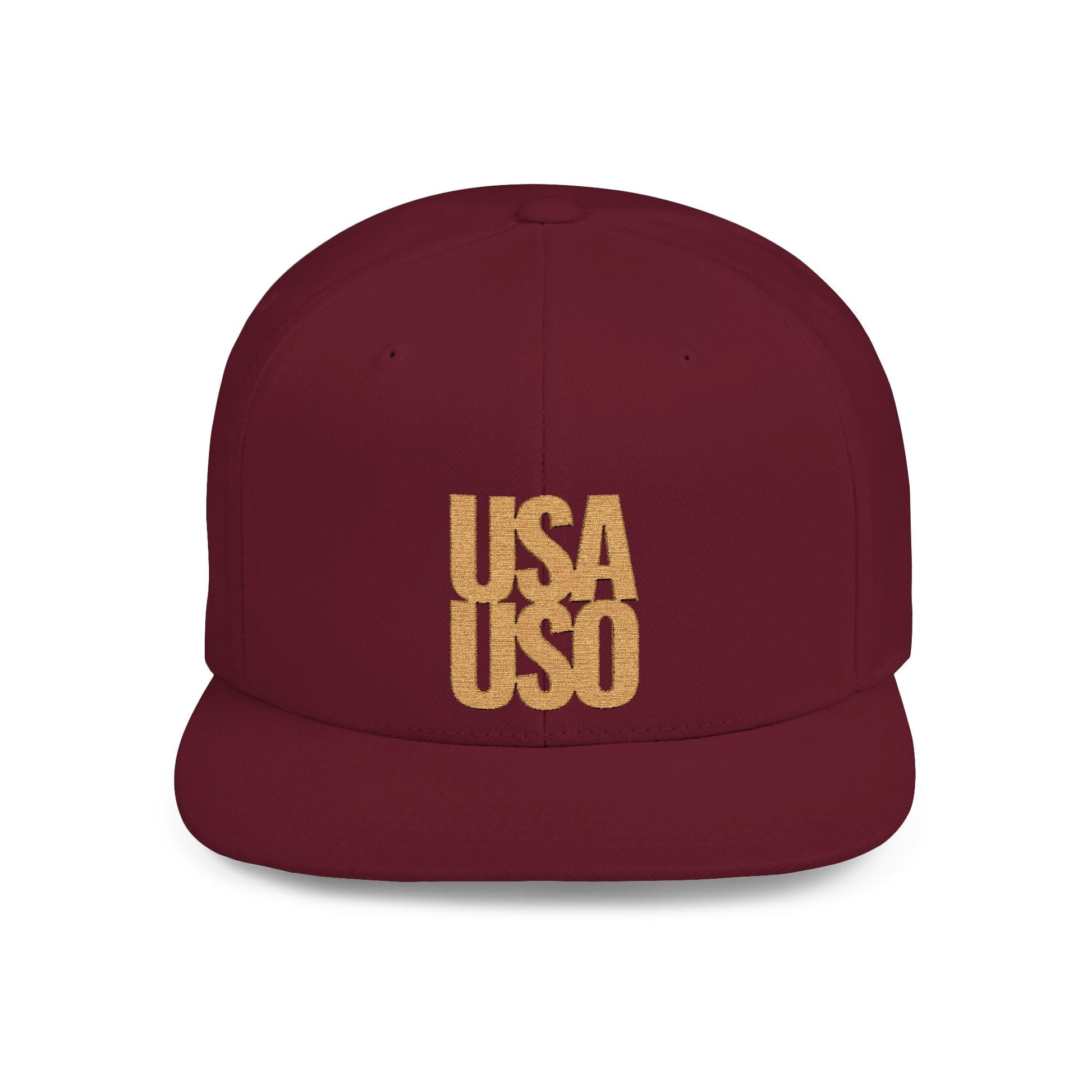 Black flat bill snapback hat by Fulfill Engine with gold USA USO embroidery, adjustable one size fits most, suitable for AU, NZ, and USA.