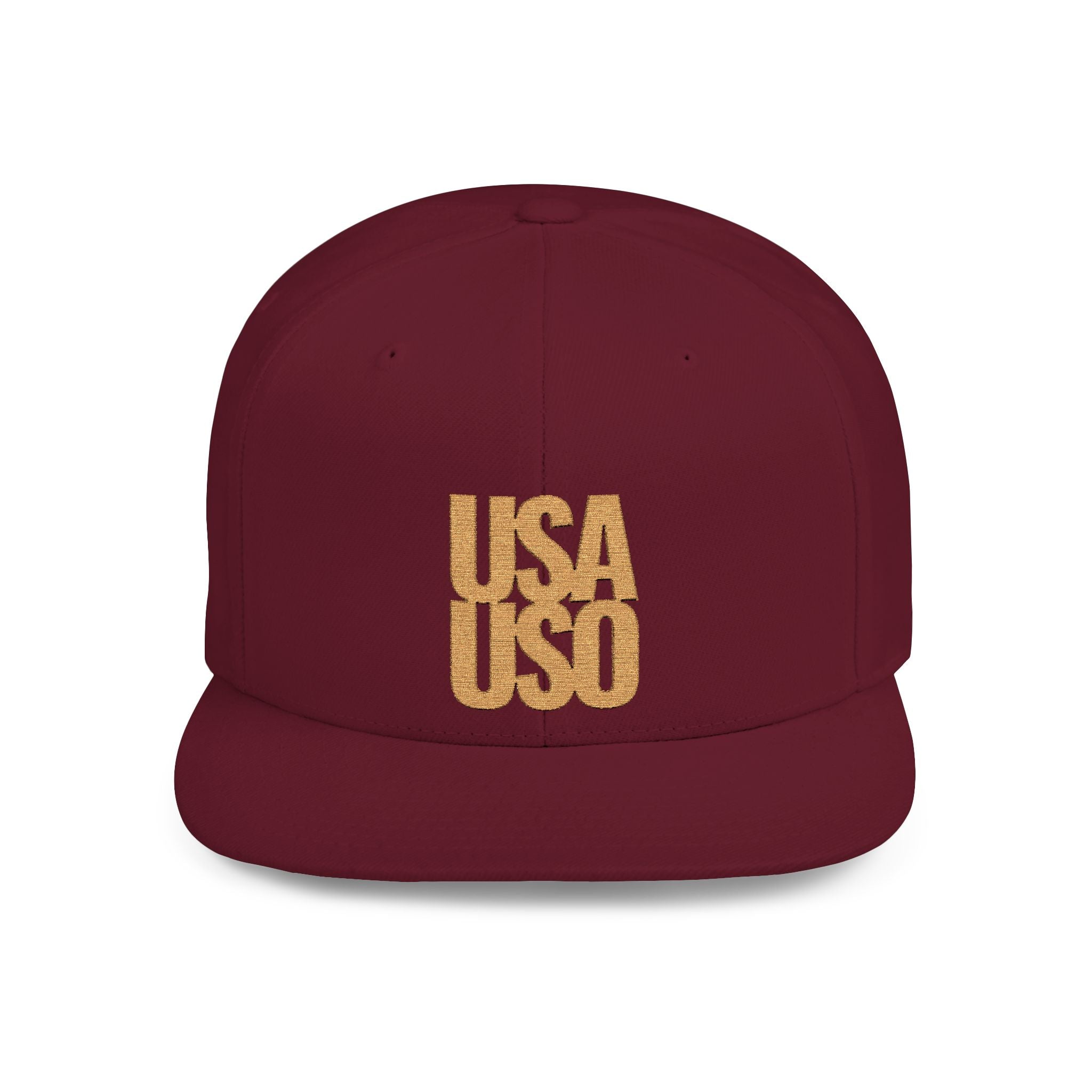 Black flat bill snapback hat by Fulfill Engine with gold USA USO embroidery, adjustable one size fits most, suitable for AU, NZ, and USA.