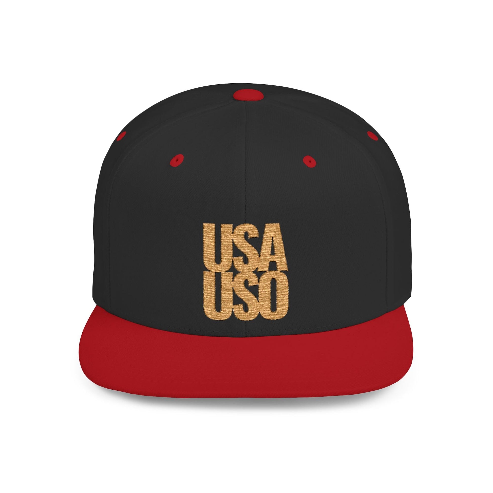 Black flat bill snapback hat by Fulfill Engine with gold USO embroidery, featuring a structured design and adjustable snap closure.