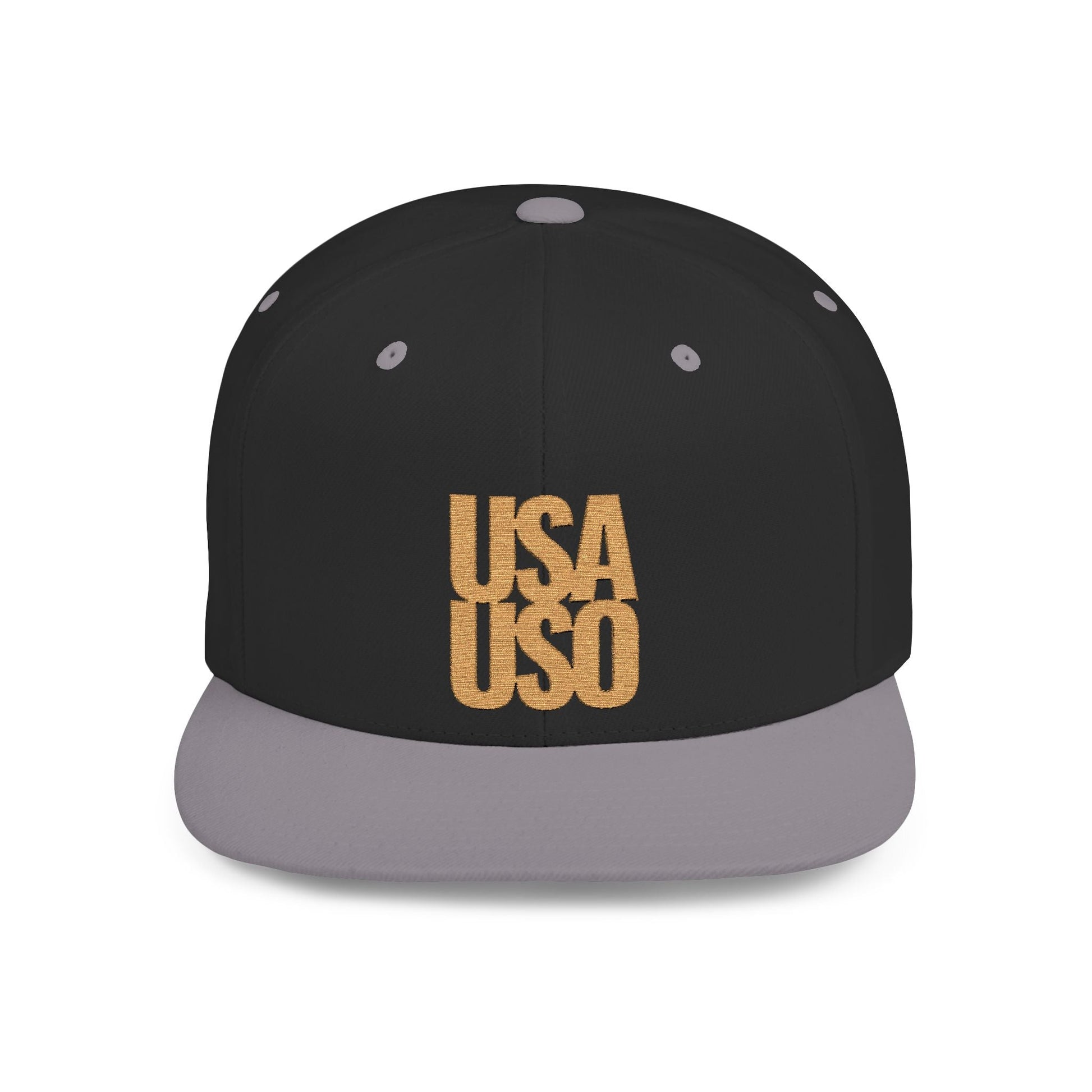 Black flat bill snapback hat by Fulfill Engine with gold USA USO embroidery, one size fits most, stylish and casual headwear