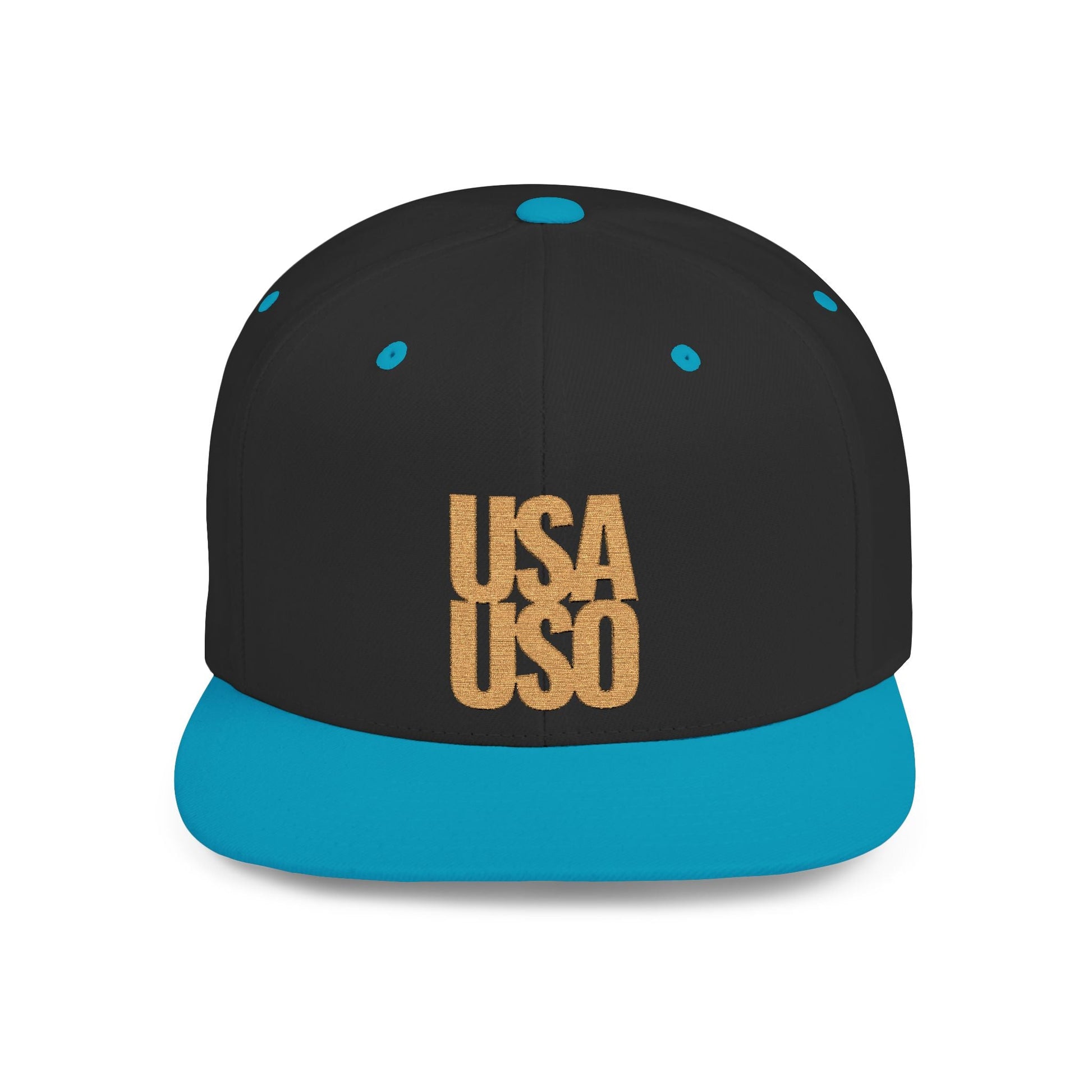 Black flat bill snapback hat by Fulfill Engine with gold USA USO embroidery, adjustable one size, stylish and casual headwear.