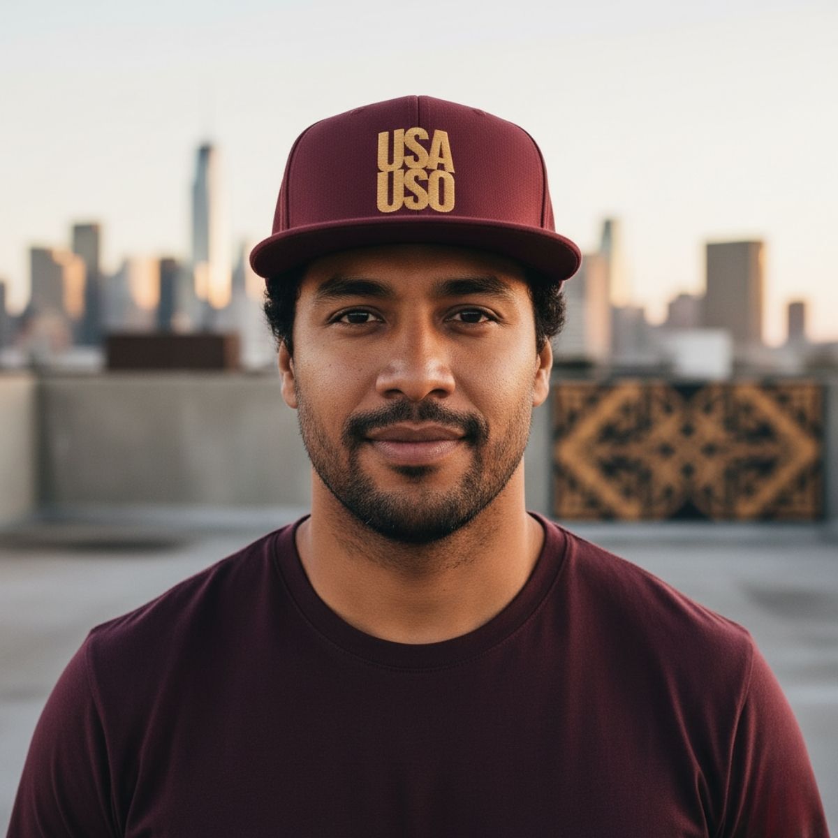 Black flat bill snapback hat by Fulfill Engine featuring gold embroidery and USA USO design.