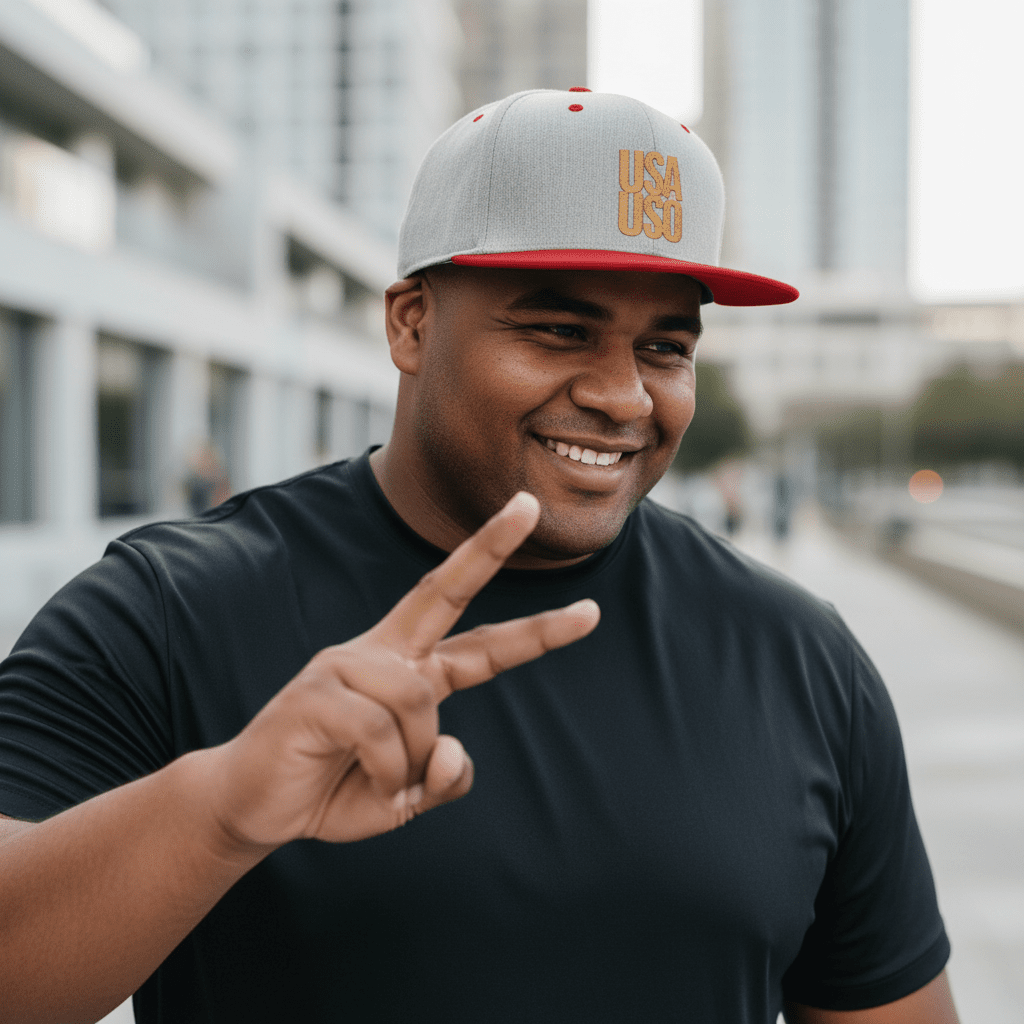 Black flat bill snapback hat by Fulfill Engine with gold USA USO embroidery, one size fits all, perfect for casual wear.