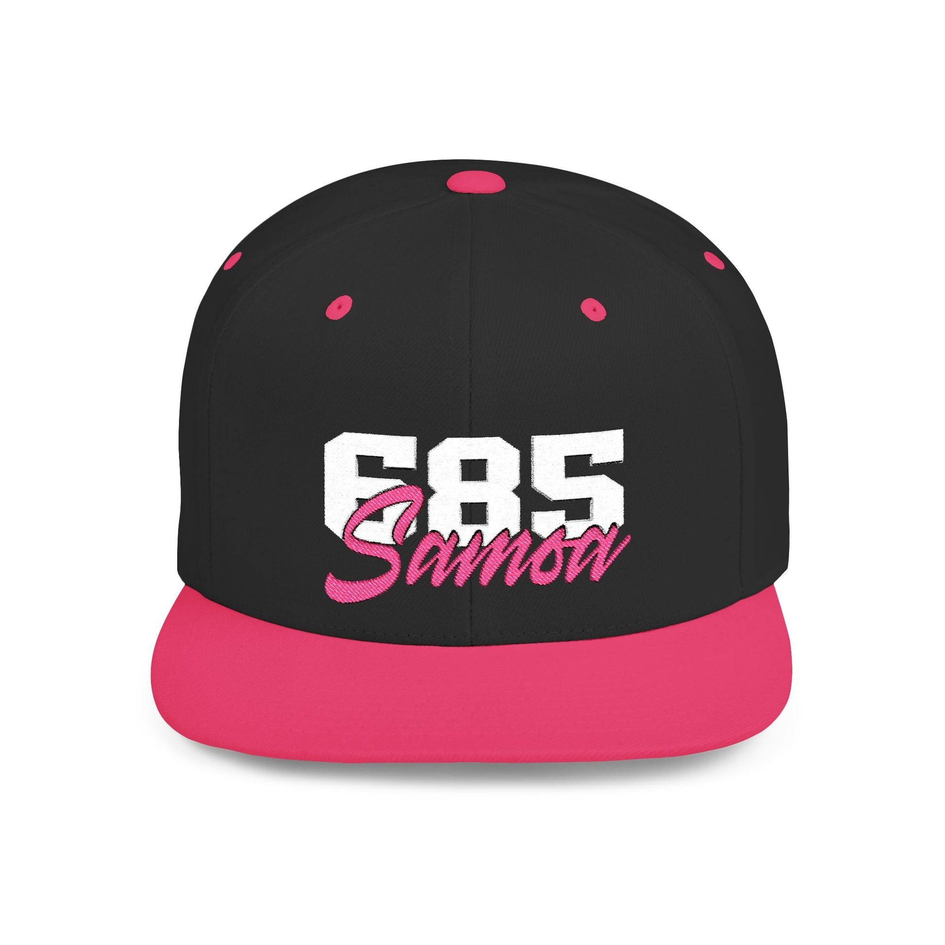 Fulfill Engine Samoa flat bill snapback hat with white and neon pink embroidery, one size, black color, adjustable baseball cap.