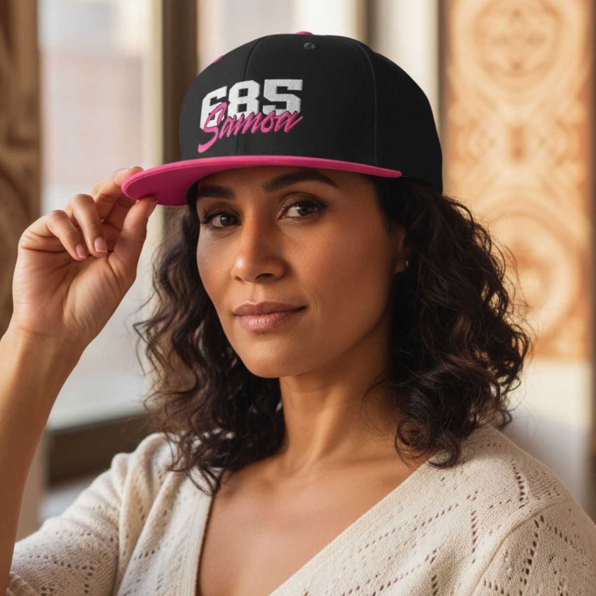 Fulfill Engine Flat Bill Snapback Hat with Samoa embroidery, white and neon pink design, one size, black cap, stylish streetwear accessory