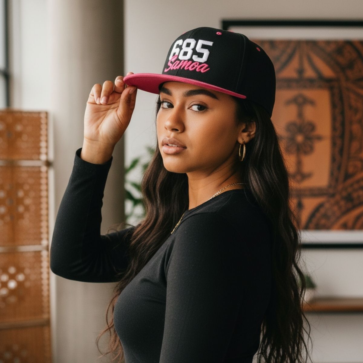 Fulfill Engine flat bill snapback hat in black with white and neon pink embroidery, showing the adjustable one-size fit.