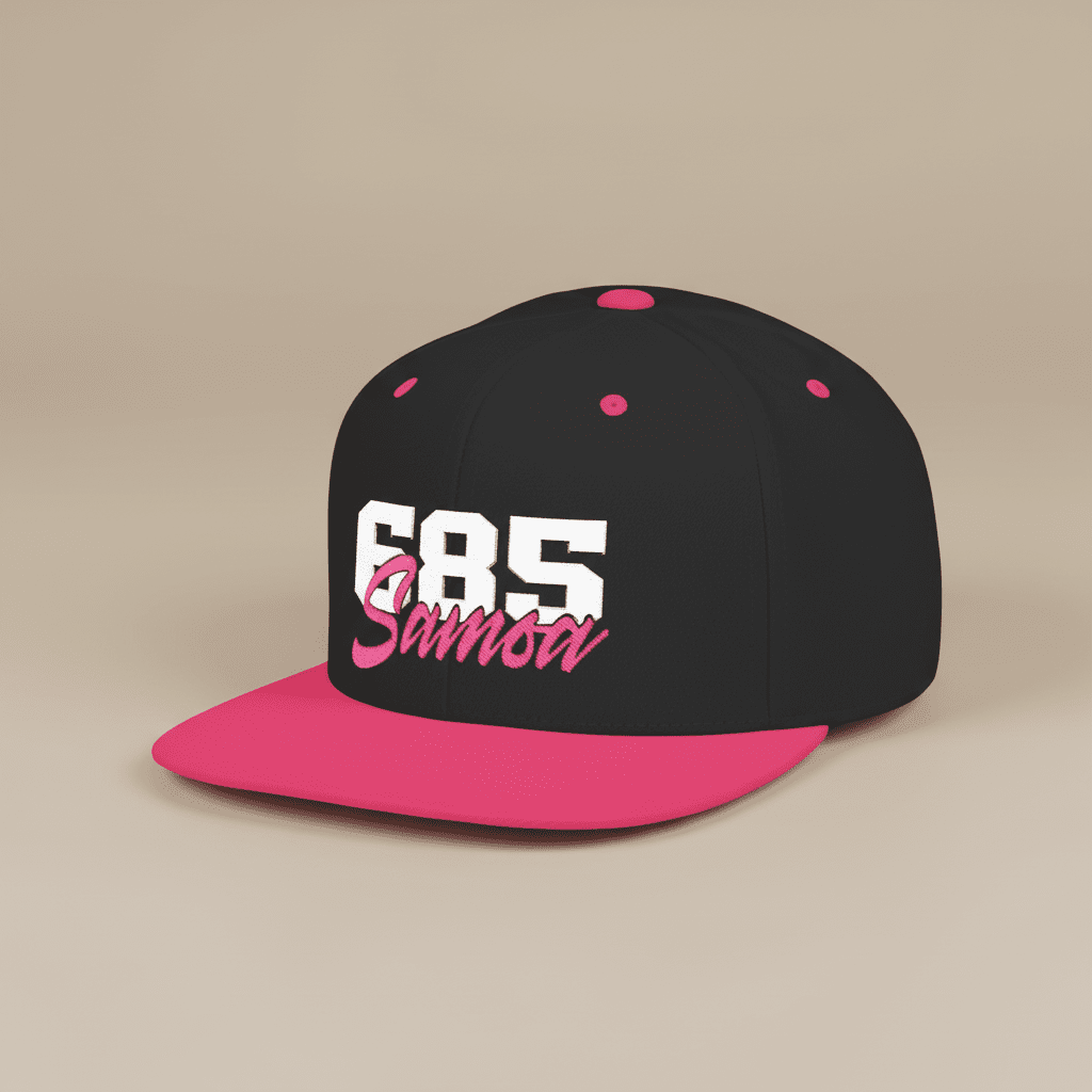 Fulfill Engine flat bill snapback hat with white and neon pink Samoa embroidery, black adjustable cap for AU, NZ, and USA.