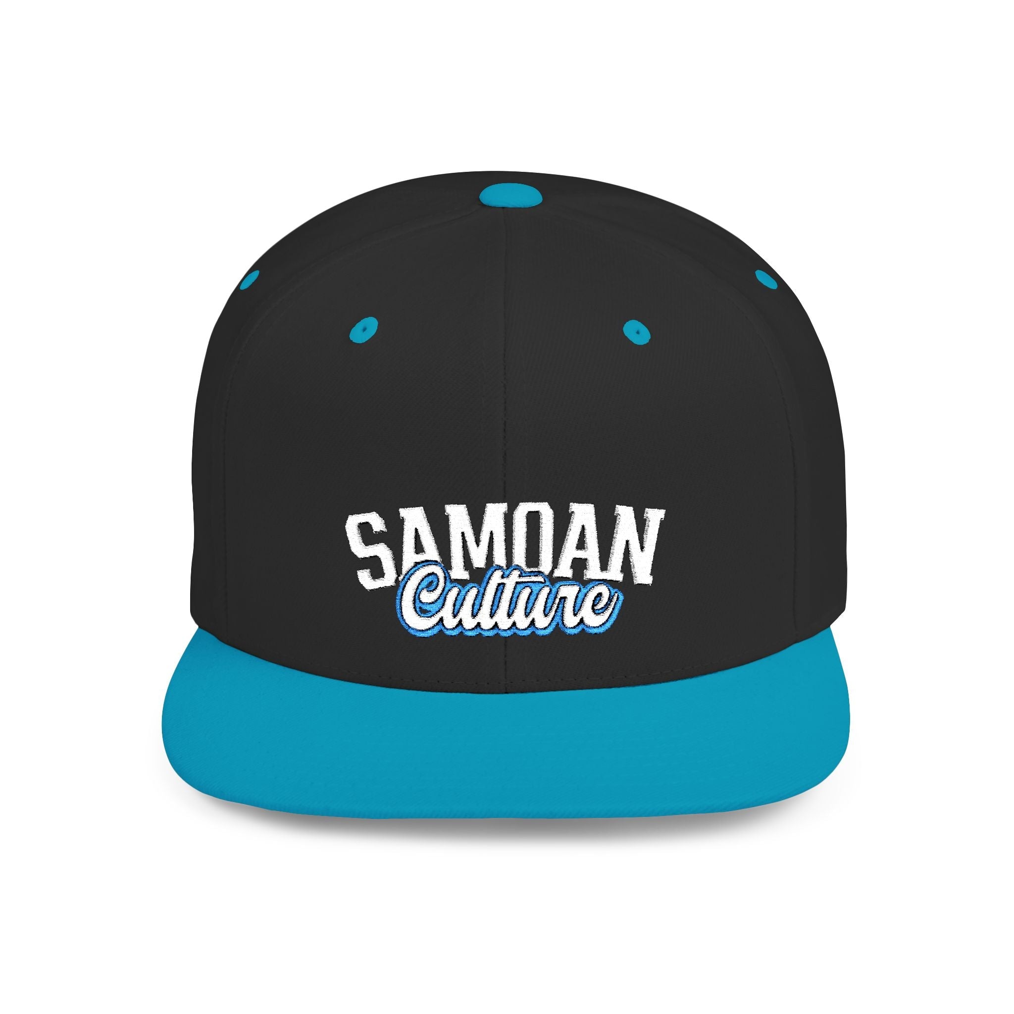 Fulfill Engine flat bill snapback hat featuring blue and white Samoan culture embroidery, black and teal design, one size fits most.
