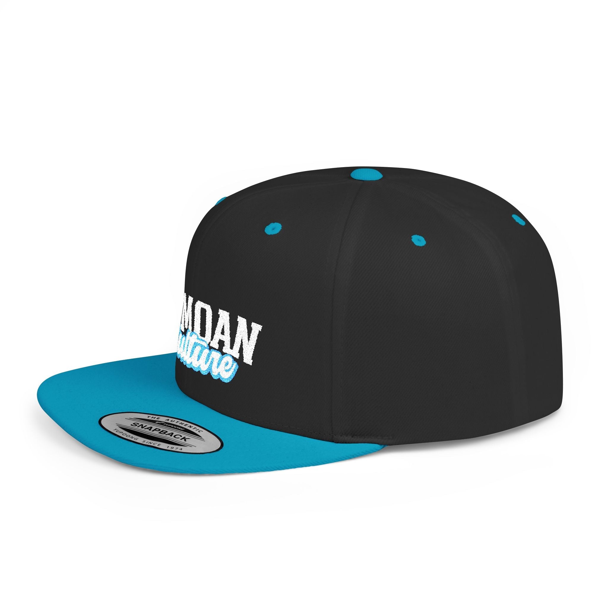 Fulfill Engine flat bill snapback hat featuring blue and white Samoan culture embroidery, one size, in black and teal.