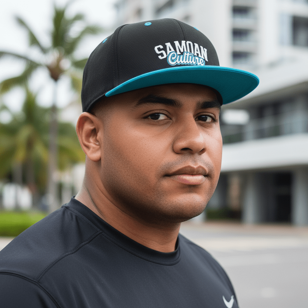 Blue and white embroidered flat bill snapback hat by Fulfill Engine featuring Samoan cultural design and one-size fit.