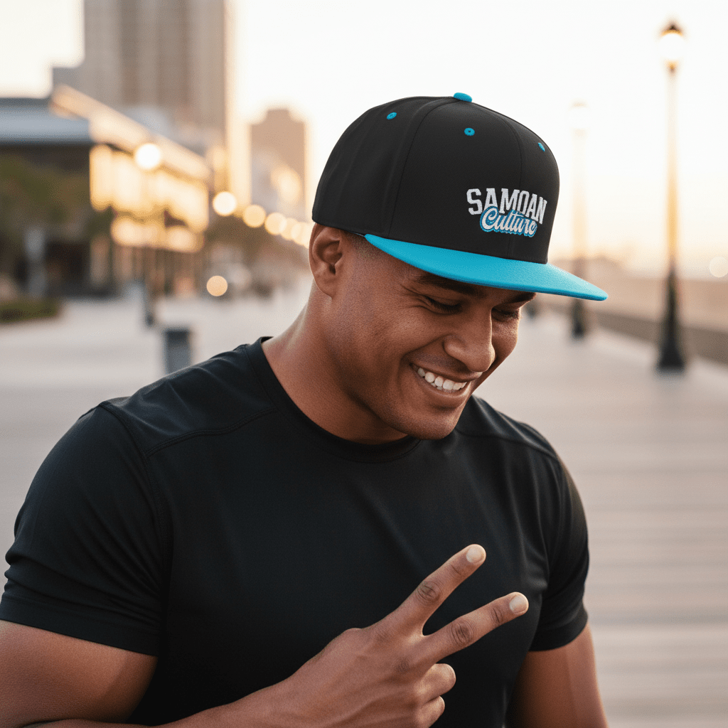 Blue and white embroidered flat bill snapback hat by Fulfill Engine featuring Samoan cultural design, one size fits all.