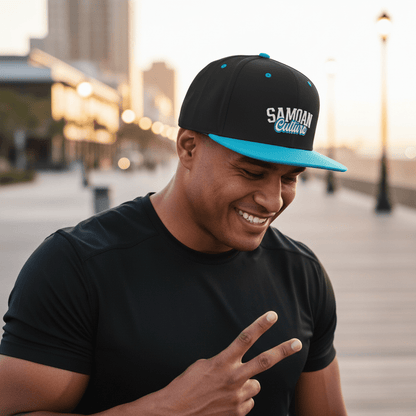 Flat Bill Snapback Hat - Samoan Culture - Blue White Embroidery - AU/NZ/USA - The Koko Samoa