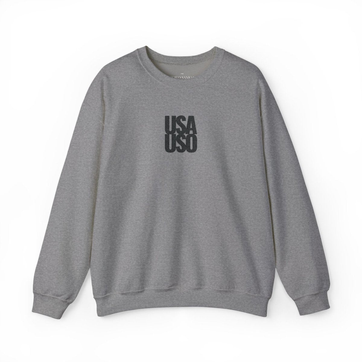 Black embroidered unisex heavy sweatshirt by Fulfill Engine, featuring USA USO design, suitable for AU, NZ, and USA.