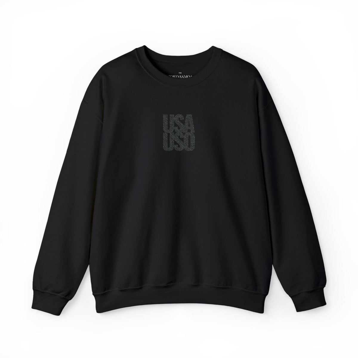 Black embroidered unisex heavy sweatshirt by Fulfill Engine featuring USA USO design, shown with a comfortable fit.