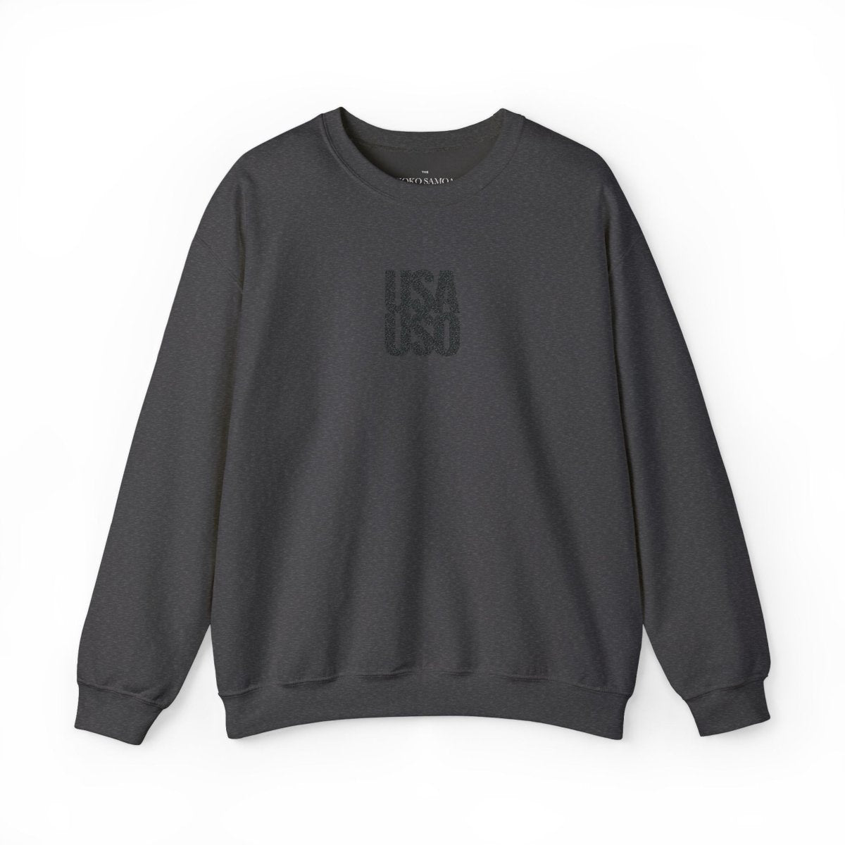 Black unisex heavy sweatshirt by Fulfill Engine with USA USO embroidery, featuring a cozy fit and classic design.